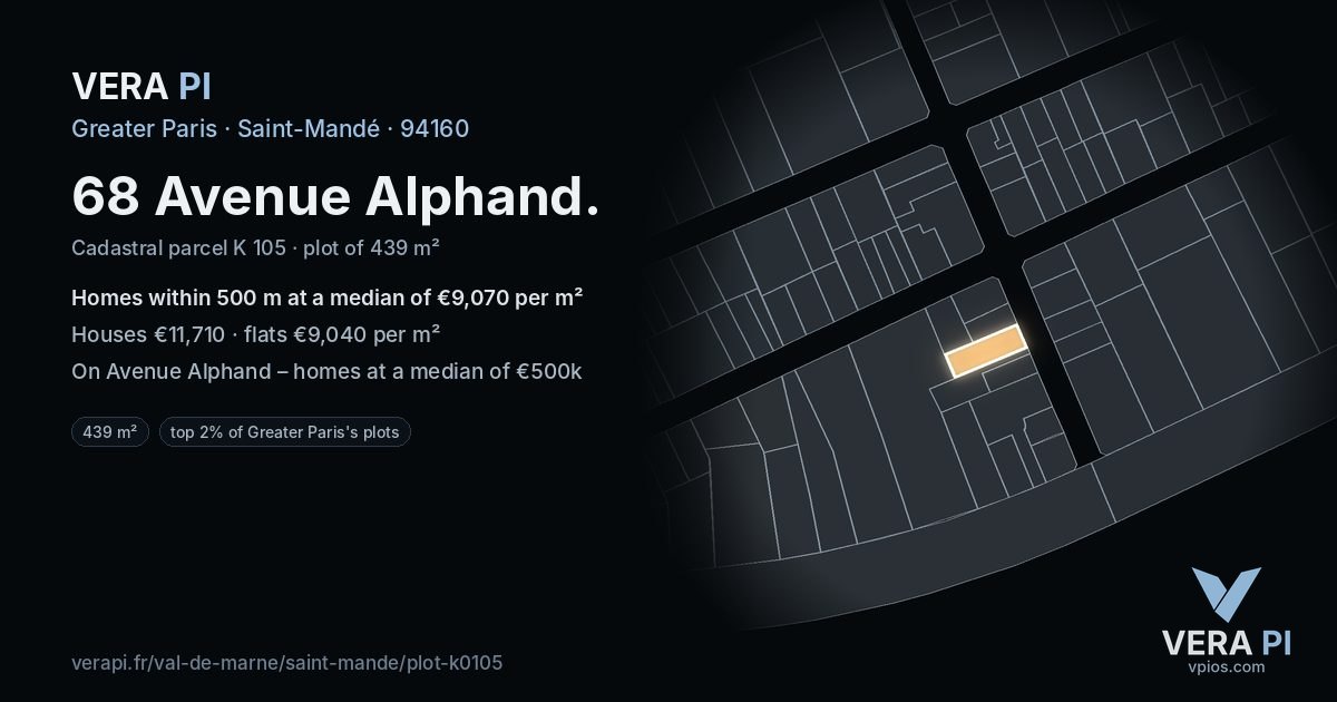 68 Avenue Alphand, Saint-Mandé at night – the plot lit, the parcels around coloured by the prices near them
