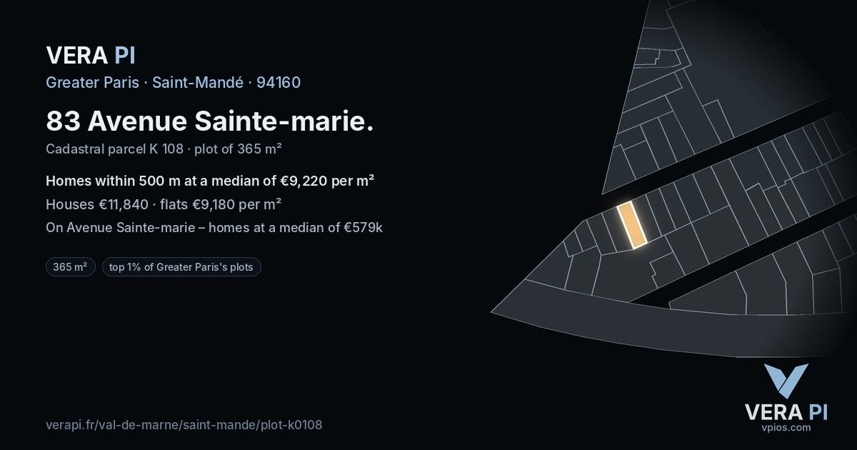 83 Avenue Sainte-marie, Saint-Mandé at night – the plot lit, the parcels around coloured by the prices near them
