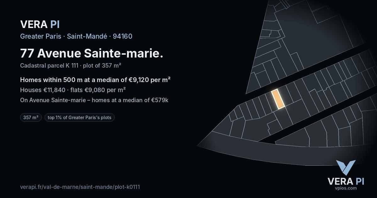77 Avenue Sainte-marie, Saint-Mandé at night – the plot lit, the parcels around coloured by the prices near them