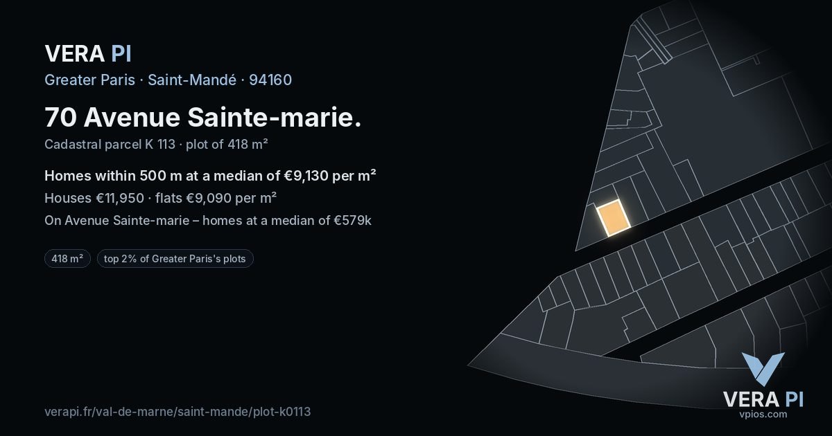 70 Avenue Sainte-marie, Saint-Mandé at night – the plot lit, the parcels around coloured by the prices near them