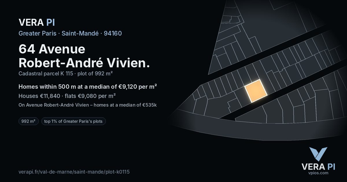 64 Avenue Robert-André Vivien, Saint-Mandé at night – the plot lit, the parcels around coloured by the prices near them