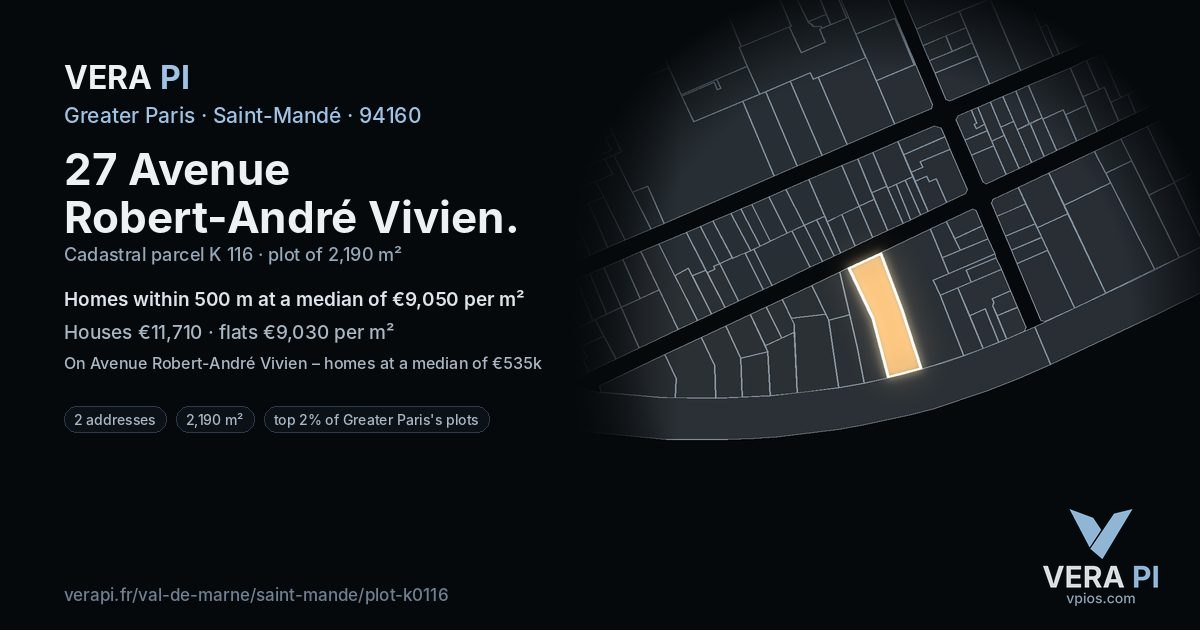 27 Avenue Robert-André Vivien, Saint-Mandé at night – the plot lit, the parcels around coloured by the prices near them