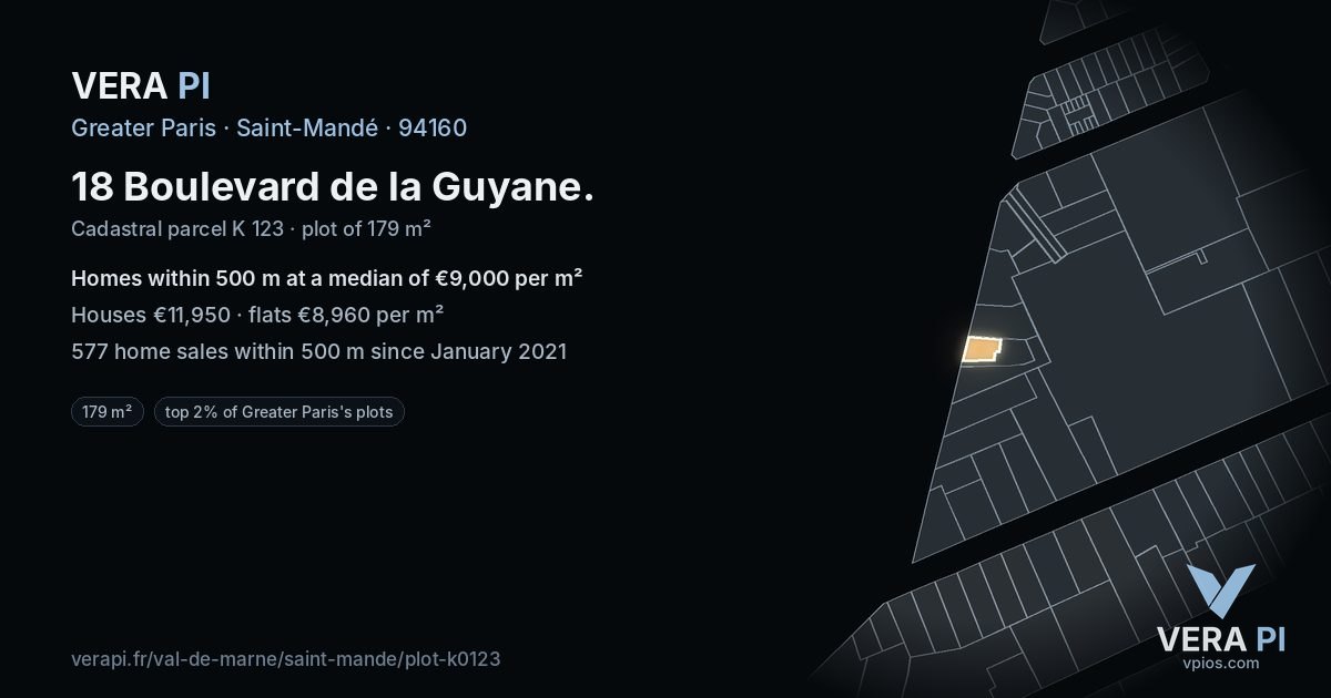 18 Boulevard de la Guyane, Saint-Mandé at night – the plot lit, the parcels around coloured by the prices near them