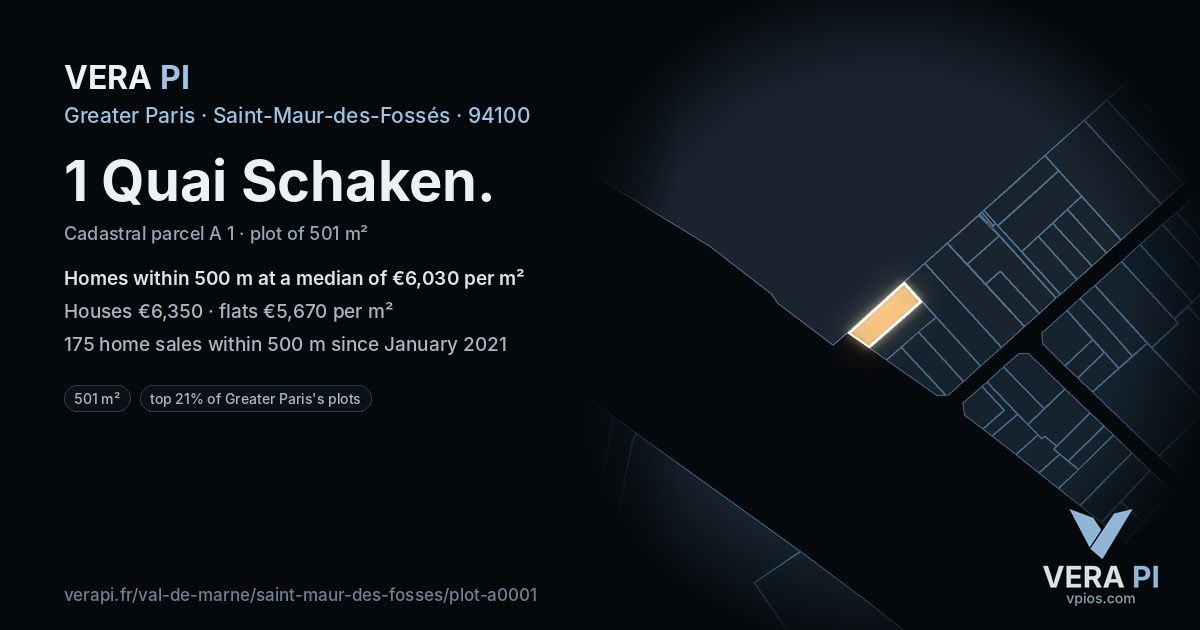 1 Quai Schaken, Saint-Maur-des-Fossés at night – the plot lit, the parcels around coloured by the prices near them