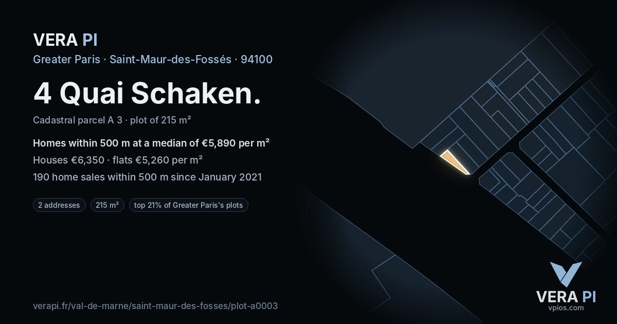 4 Quai Schaken, Saint-Maur-des-Fossés at night – the plot lit, the parcels around coloured by the prices near them