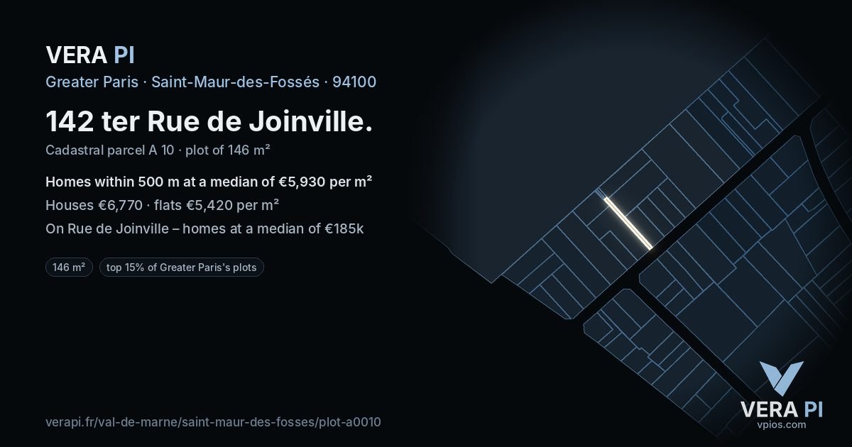 142 ter Rue de Joinville, Saint-Maur-des-Fossés at night – the plot lit, the parcels around coloured by the prices near them