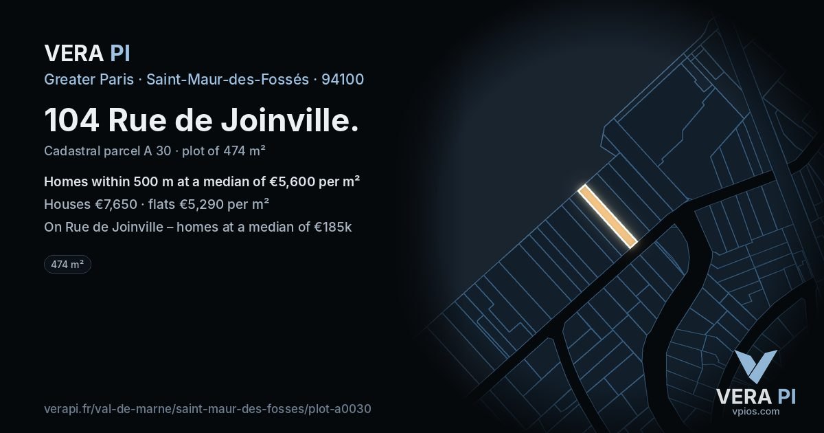 104 Rue de Joinville, Saint-Maur-des-Fossés at night – the plot lit, the parcels around coloured by the prices near them