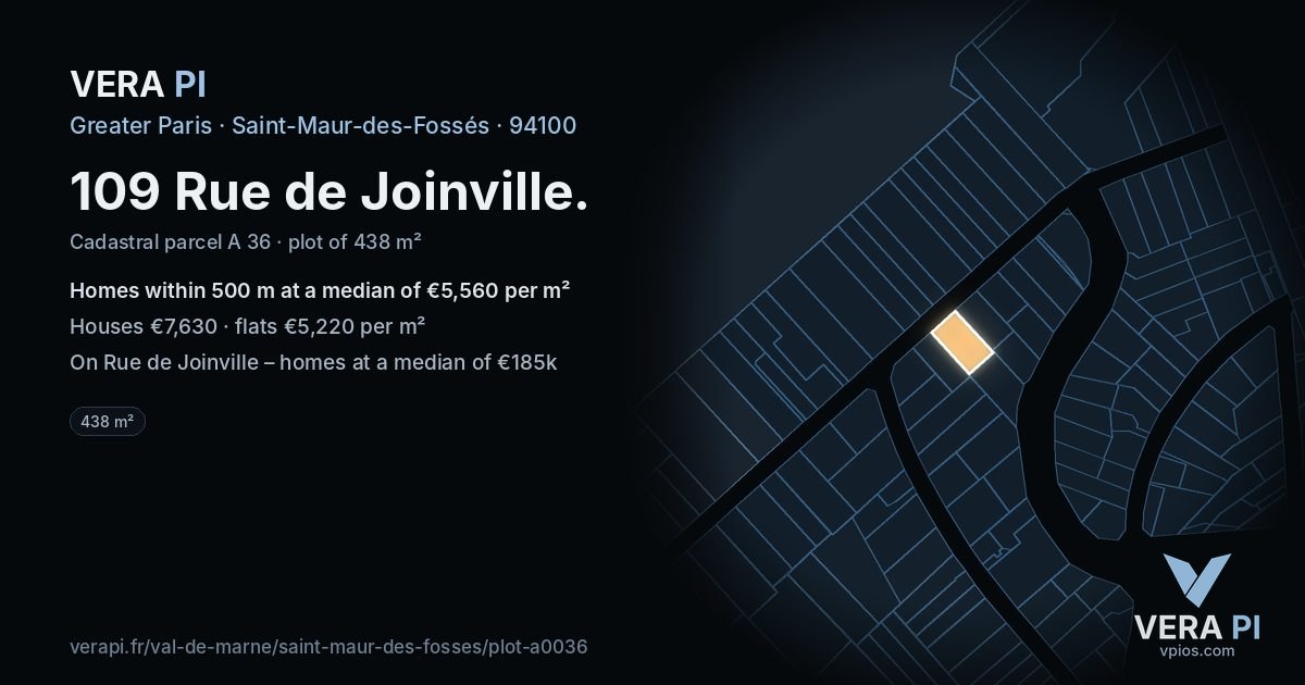 109 Rue de Joinville, Saint-Maur-des-Fossés at night – the plot lit, the parcels around coloured by the prices near them