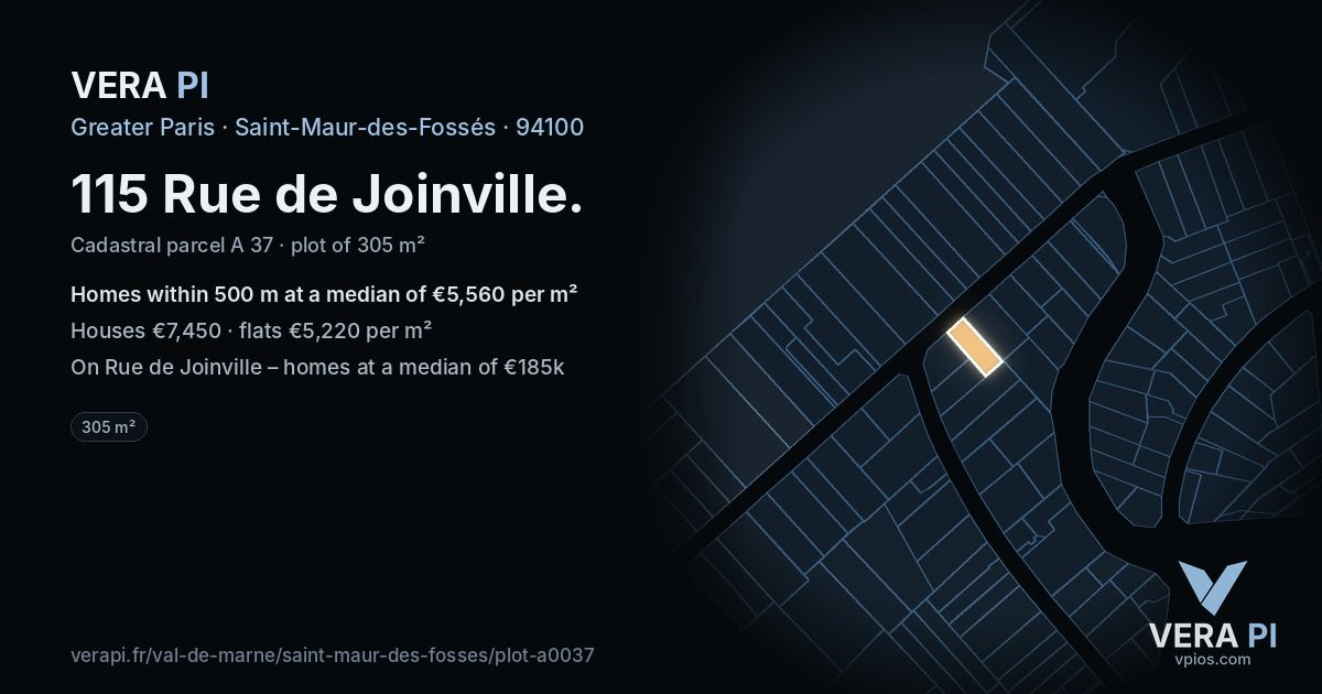 115 Rue de Joinville, Saint-Maur-des-Fossés at night – the plot lit, the parcels around coloured by the prices near them