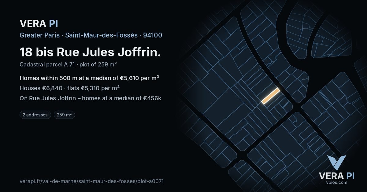 18 bis Rue Jules Joffrin, Saint-Maur-des-Fossés at night – the plot lit, the parcels around coloured by the prices near them