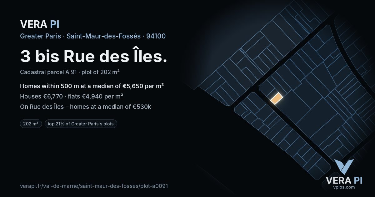 3 bis Rue des Îles, Saint-Maur-des-Fossés at night – the plot lit, the parcels around coloured by the prices near them