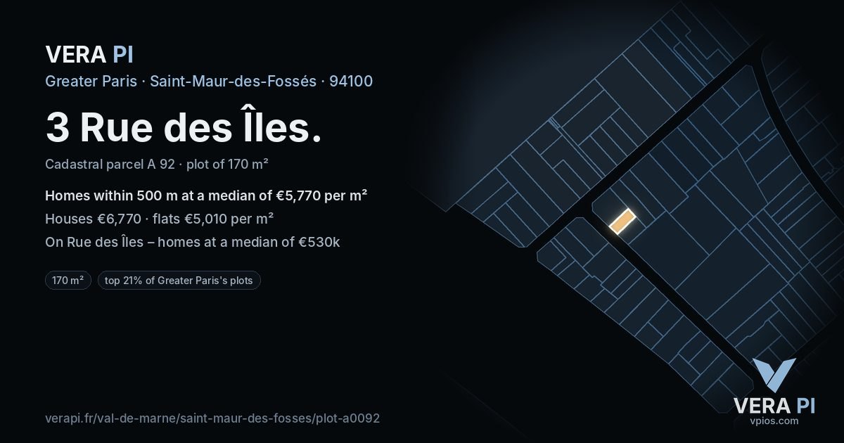 3 Rue des Îles, Saint-Maur-des-Fossés at night – the plot lit, the parcels around coloured by the prices near them