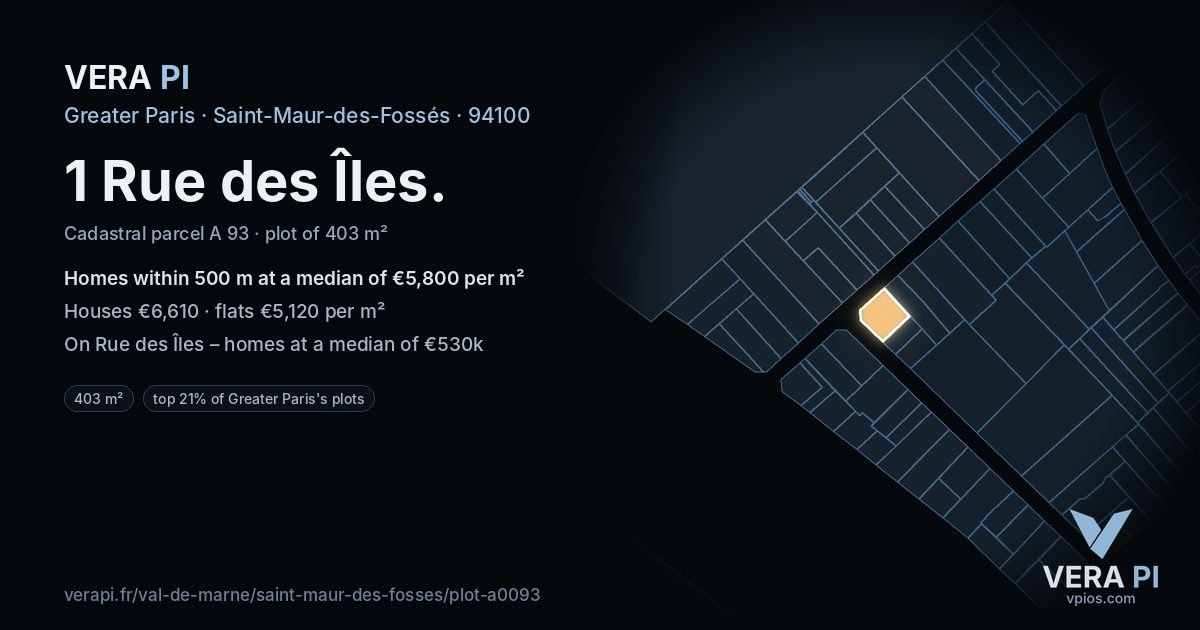 1 Rue des Îles, Saint-Maur-des-Fossés at night – the plot lit, the parcels around coloured by the prices near them