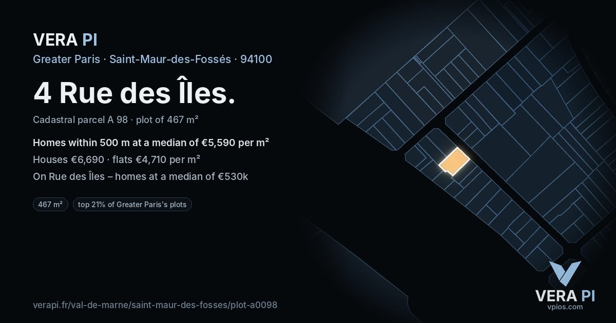 4 Rue des Îles, Saint-Maur-des-Fossés at night – the plot lit, the parcels around coloured by the prices near them