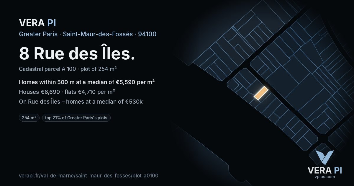 8 Rue des Îles, Saint-Maur-des-Fossés at night – the plot lit, the parcels around coloured by the prices near them