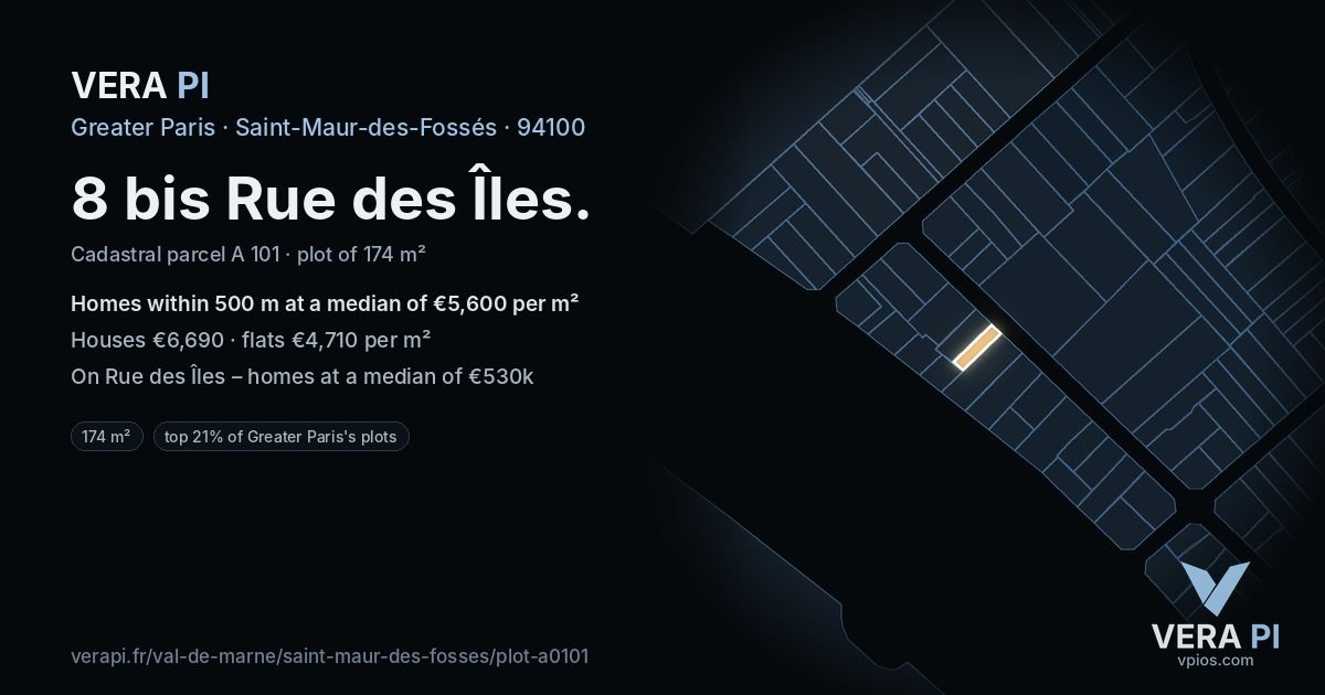 8 bis Rue des Îles, Saint-Maur-des-Fossés at night – the plot lit, the parcels around coloured by the prices near them