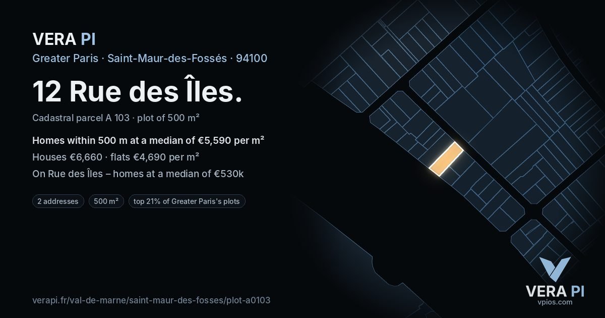 12 Rue des Îles, Saint-Maur-des-Fossés at night – the plot lit, the parcels around coloured by the prices near them