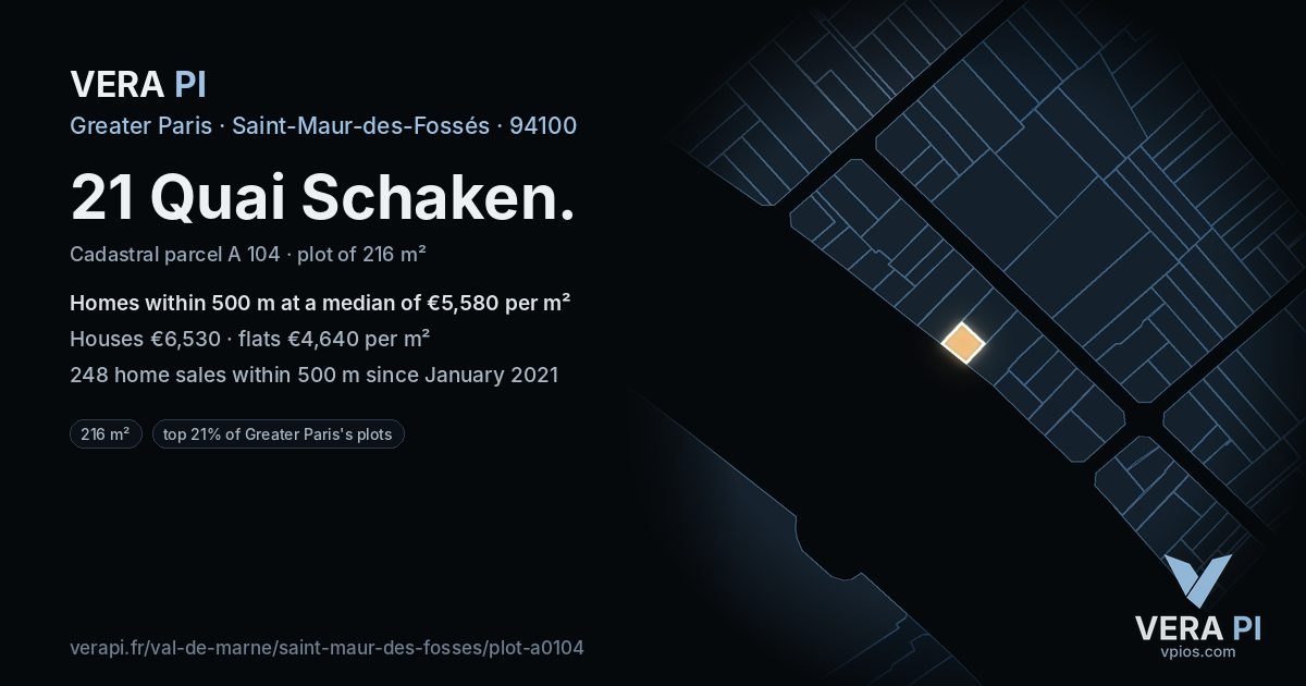 21 Quai Schaken, Saint-Maur-des-Fossés at night – the plot lit, the parcels around coloured by the prices near them