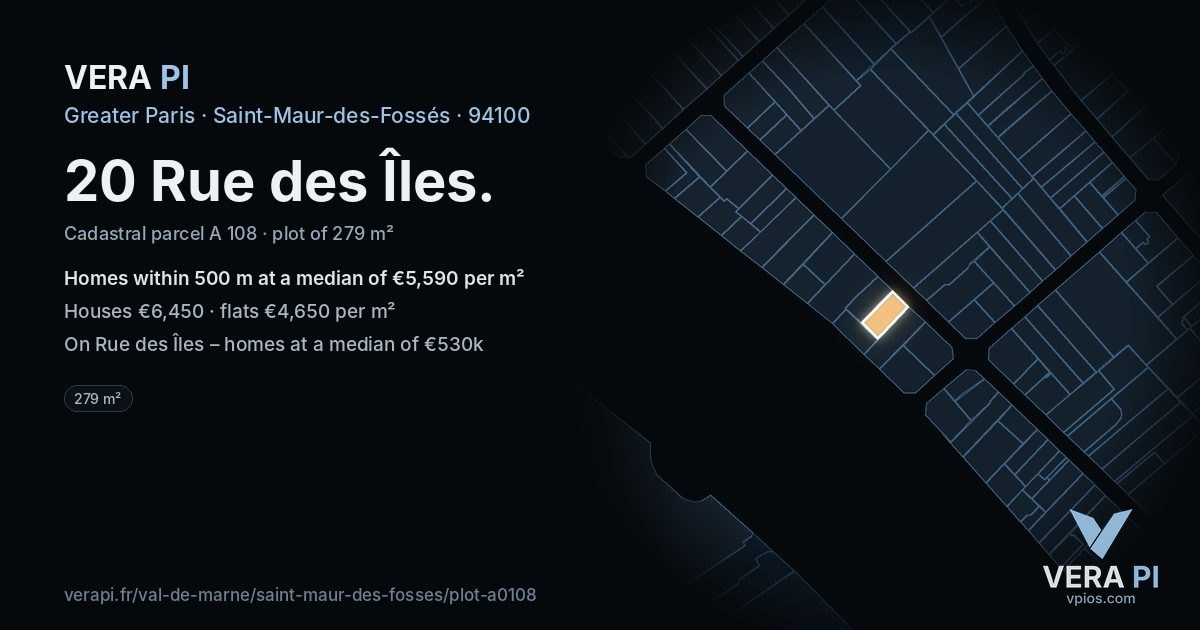 20 Rue des Îles, Saint-Maur-des-Fossés at night – the plot lit, the parcels around coloured by the prices near them