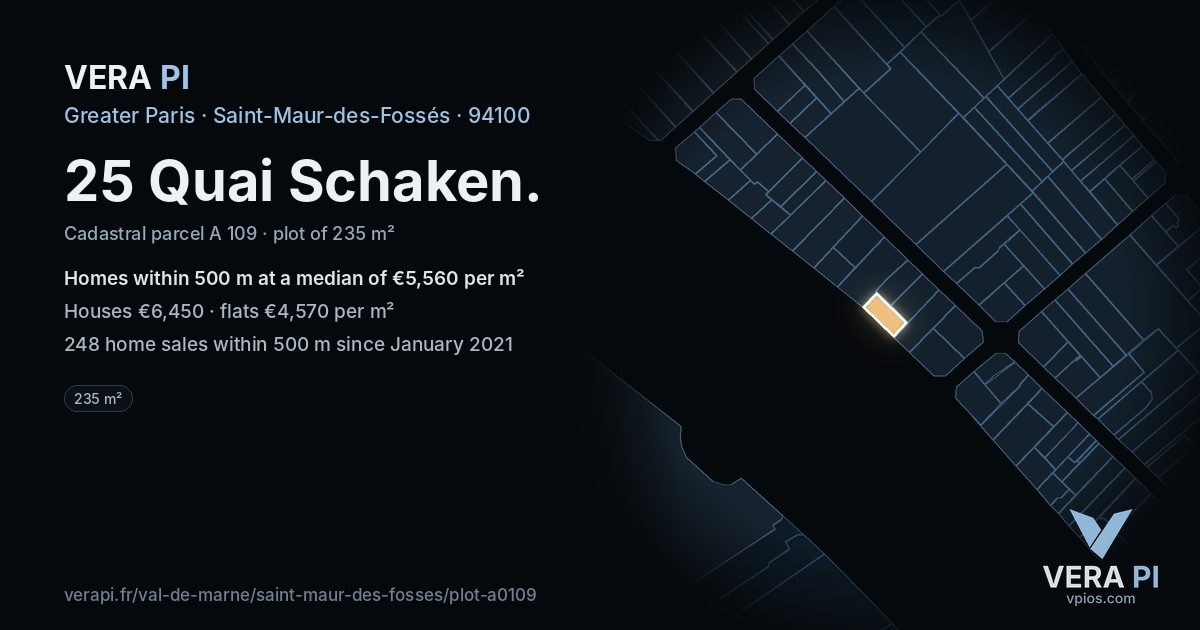 25 Quai Schaken, Saint-Maur-des-Fossés at night – the plot lit, the parcels around coloured by the prices near them