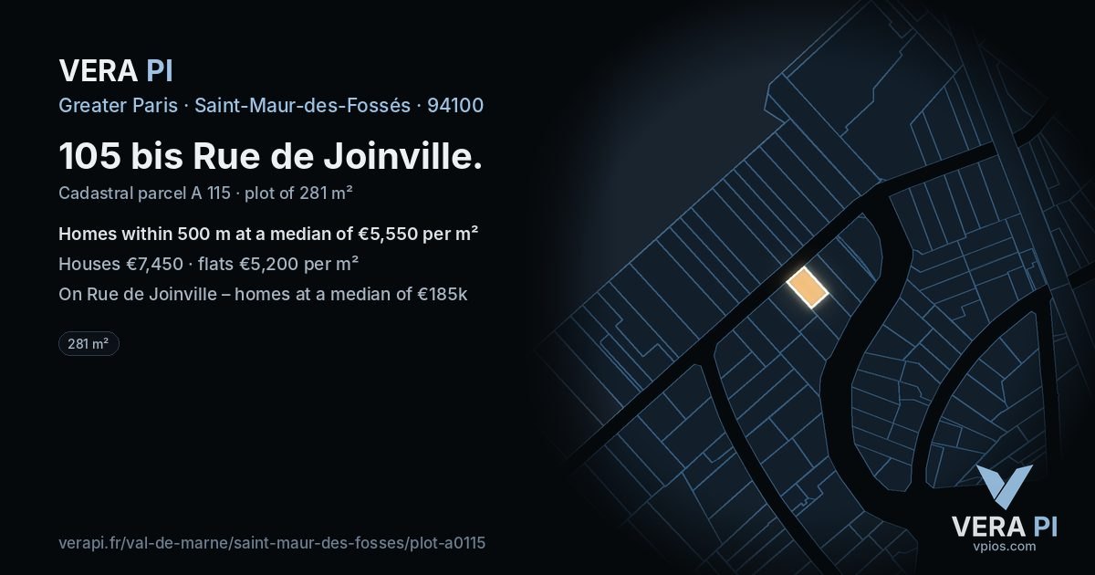 105 bis Rue de Joinville, Saint-Maur-des-Fossés at night – the plot lit, the parcels around coloured by the prices near them
