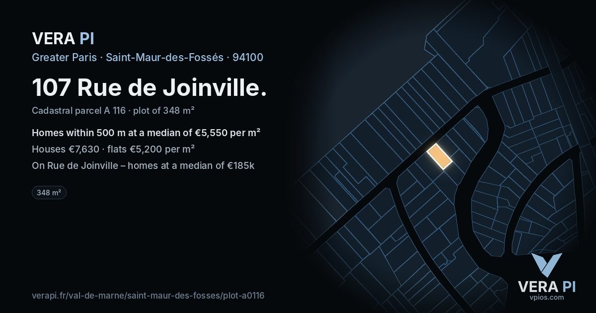 107 Rue de Joinville, Saint-Maur-des-Fossés at night – the plot lit, the parcels around coloured by the prices near them