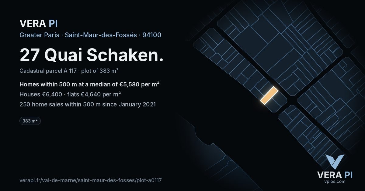 27 Quai Schaken, Saint-Maur-des-Fossés at night – the plot lit, the parcels around coloured by the prices near them