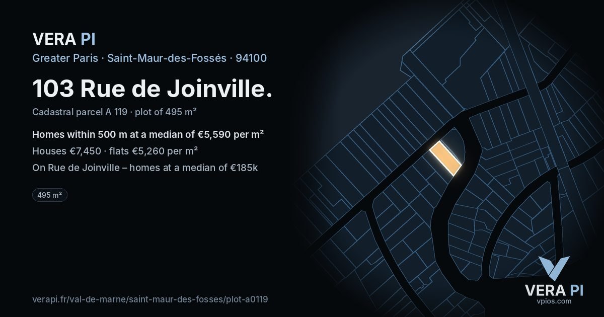 103 Rue de Joinville, Saint-Maur-des-Fossés at night – the plot lit, the parcels around coloured by the prices near them