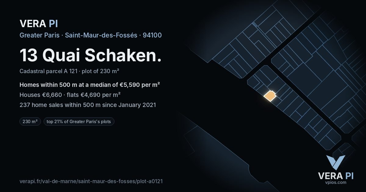 13 Quai Schaken, Saint-Maur-des-Fossés at night – the plot lit, the parcels around coloured by the prices near them