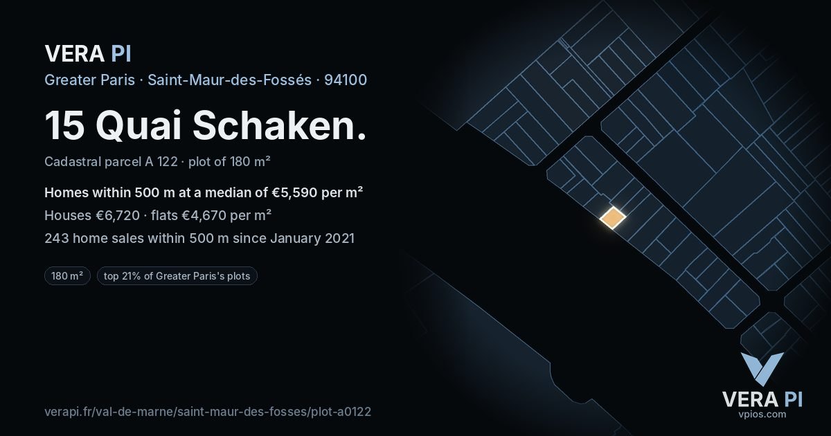 15 Quai Schaken, Saint-Maur-des-Fossés at night – the plot lit, the parcels around coloured by the prices near them