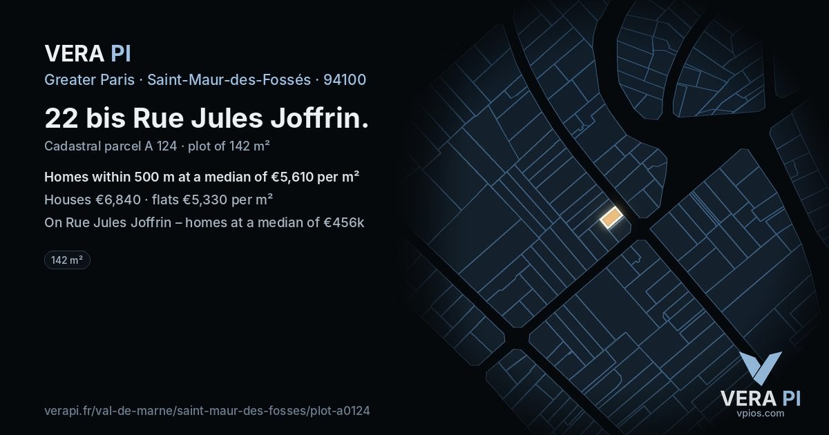 22 bis Rue Jules Joffrin, Saint-Maur-des-Fossés at night – the plot lit, the parcels around coloured by the prices near them