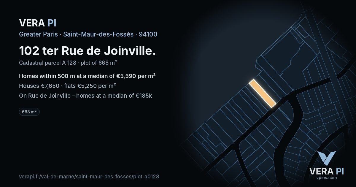 102 ter Rue de Joinville, Saint-Maur-des-Fossés at night – the plot lit, the parcels around coloured by the prices near them