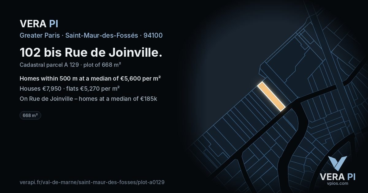 102 bis Rue de Joinville, Saint-Maur-des-Fossés at night – the plot lit, the parcels around coloured by the prices near them