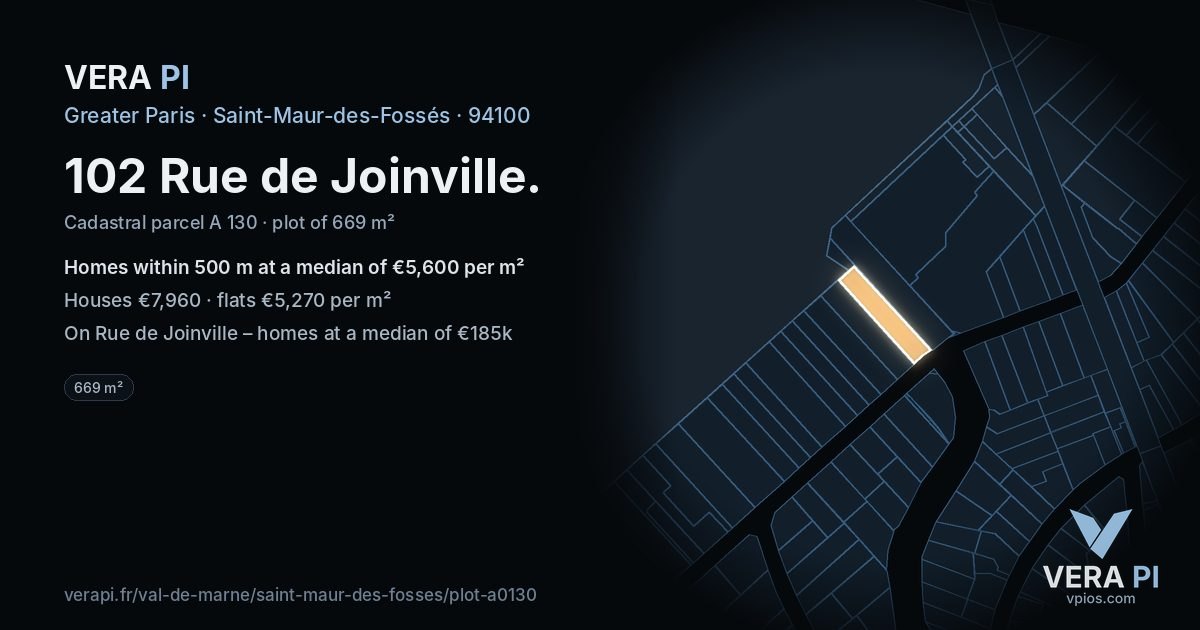 102 Rue de Joinville, Saint-Maur-des-Fossés at night – the plot lit, the parcels around coloured by the prices near them