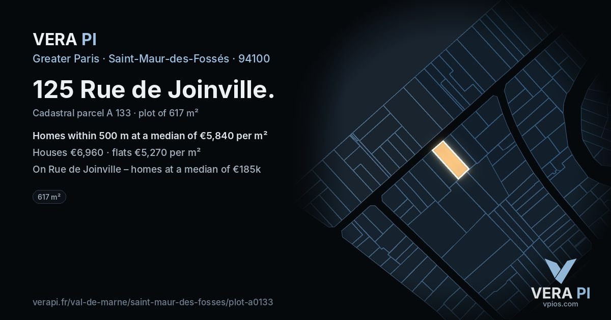 125 Rue de Joinville, Saint-Maur-des-Fossés at night – the plot lit, the parcels around coloured by the prices near them