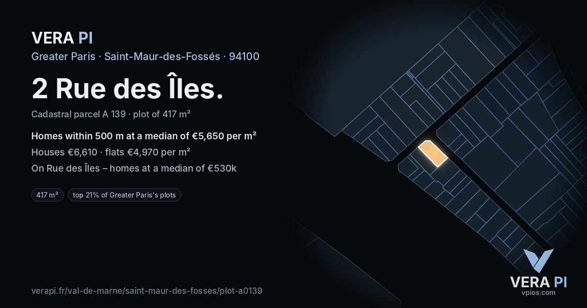 2 Rue des Îles, Saint-Maur-des-Fossés at night – the plot lit, the parcels around coloured by the prices near them