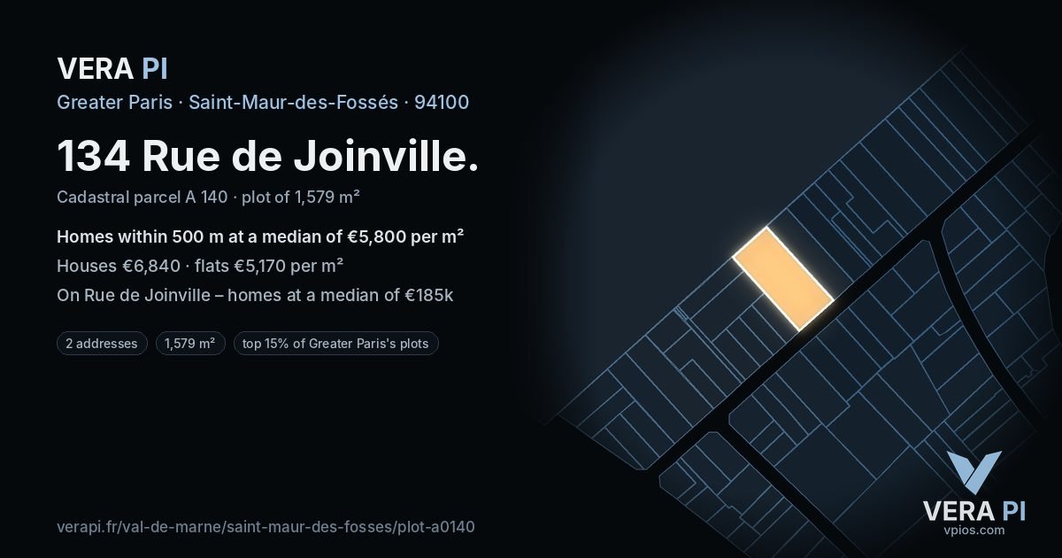 134 Rue de Joinville, Saint-Maur-des-Fossés at night – the plot lit, the parcels around coloured by the prices near them