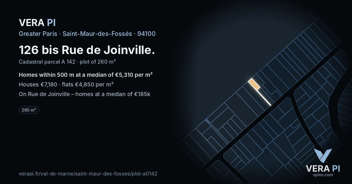 126 bis Rue de Joinville, Saint-Maur-des-Fossés at night – the plot lit, the parcels around coloured by the prices near them