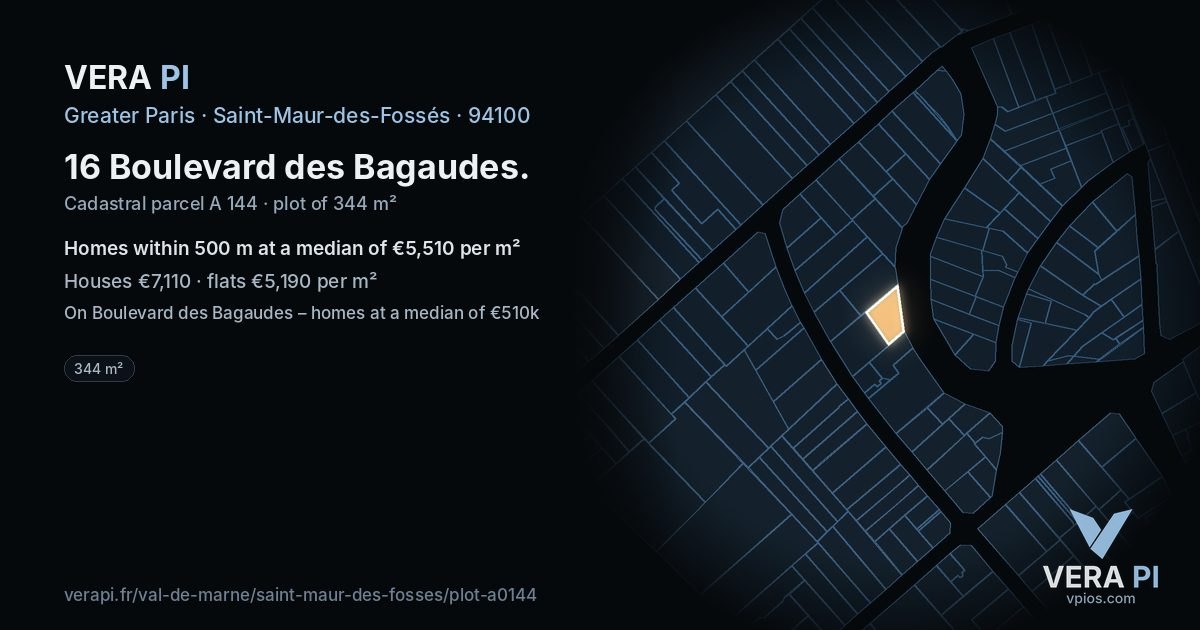 16 Boulevard des Bagaudes, Saint-Maur-des-Fossés at night – the plot lit, the parcels around coloured by the prices near them