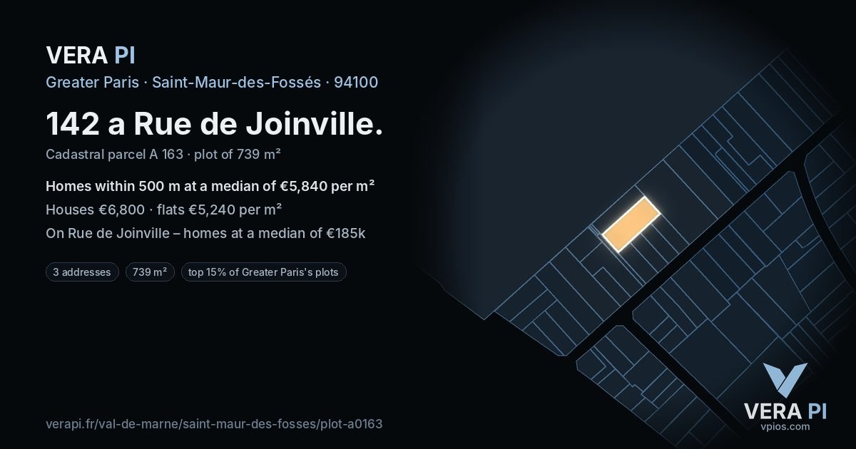 142 a Rue de Joinville, Saint-Maur-des-Fossés at night – the plot lit, the parcels around coloured by the prices near them