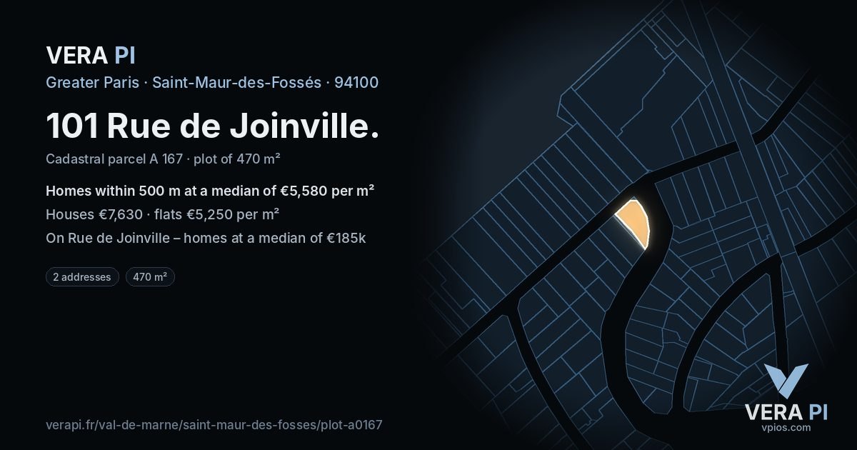 101 Rue de Joinville, Saint-Maur-des-Fossés at night – the plot lit, the parcels around coloured by the prices near them