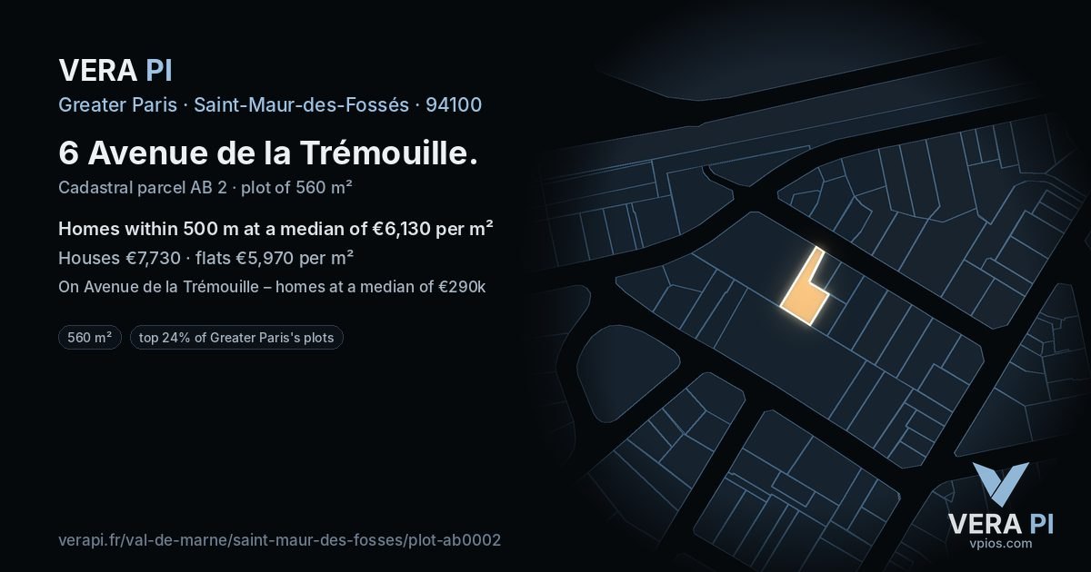 6 Avenue de la Trémouille, Saint-Maur-des-Fossés at night – the plot lit, the parcels around coloured by the prices near them