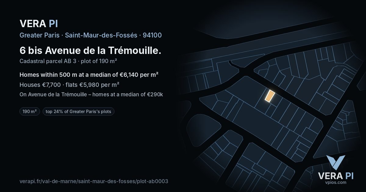 6 bis Avenue de la Trémouille, Saint-Maur-des-Fossés at night – the plot lit, the parcels around coloured by the prices near them