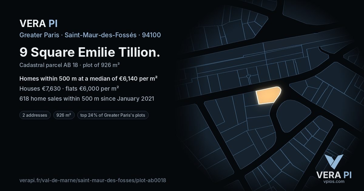 9 Square Emilie Tillion, Saint-Maur-des-Fossés at night – the plot lit, the parcels around coloured by the prices near them