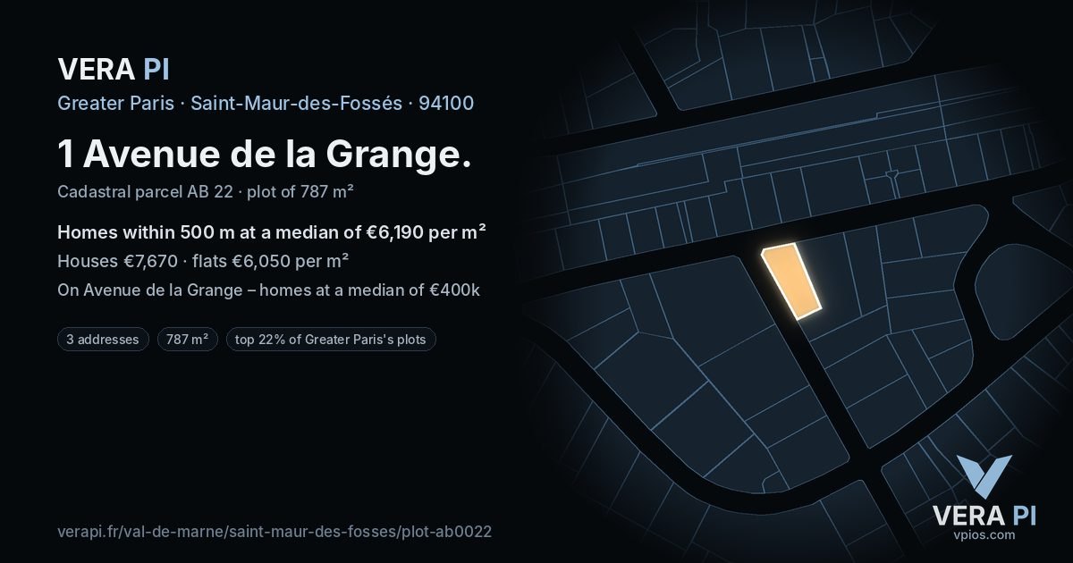 1 Avenue de la Grange, Saint-Maur-des-Fossés at night – the plot lit, the parcels around coloured by the prices near them