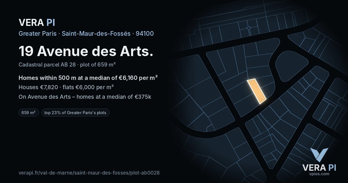 19 Avenue des Arts, Saint-Maur-des-Fossés at night – the plot lit, the parcels around coloured by the prices near them