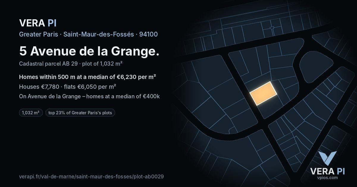 5 Avenue de la Grange, Saint-Maur-des-Fossés at night – the plot lit, the parcels around coloured by the prices near them