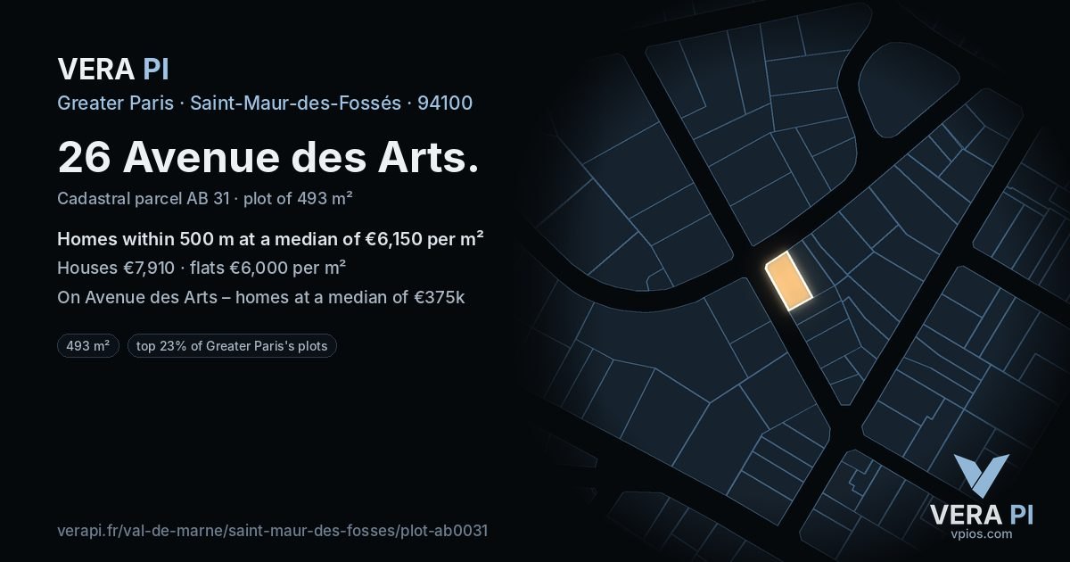 26 Avenue des Arts, Saint-Maur-des-Fossés at night – the plot lit, the parcels around coloured by the prices near them