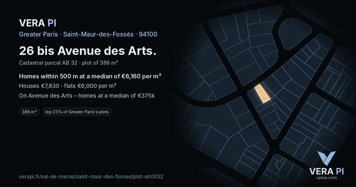 26 bis Avenue des Arts, Saint-Maur-des-Fossés at night – the plot lit, the parcels around coloured by the prices near them