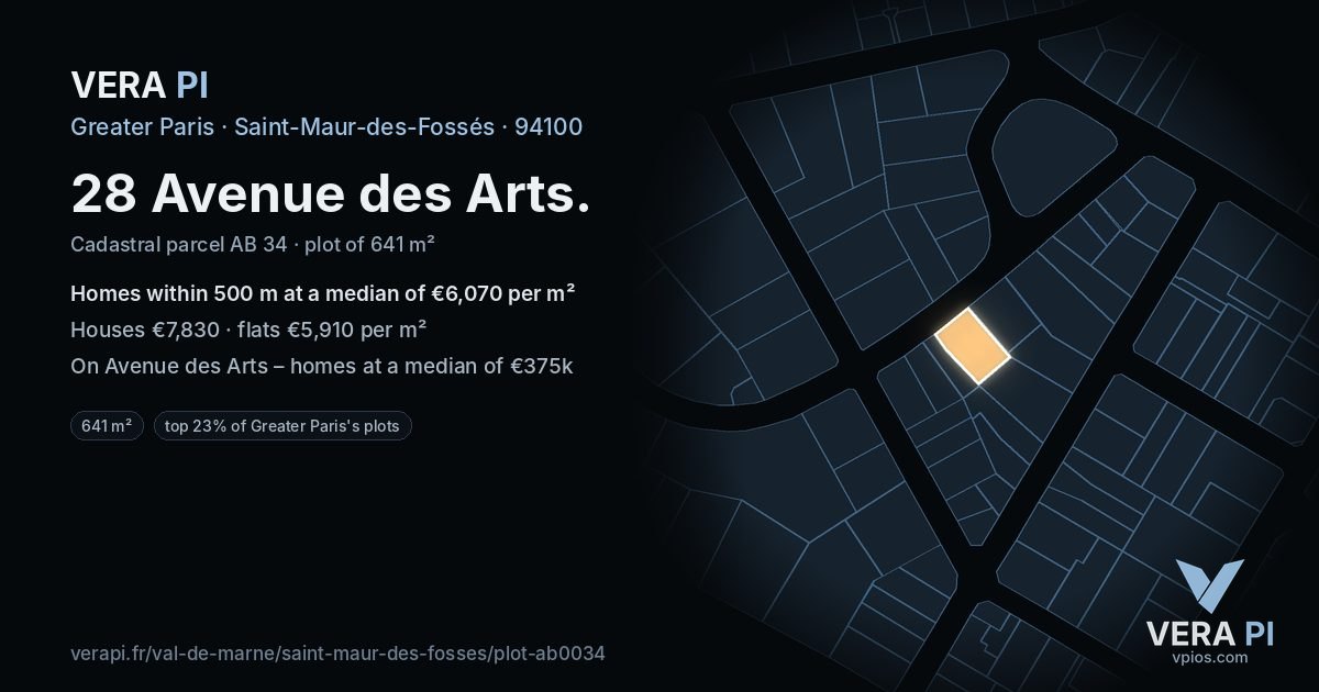 28 Avenue des Arts, Saint-Maur-des-Fossés at night – the plot lit, the parcels around coloured by the prices near them